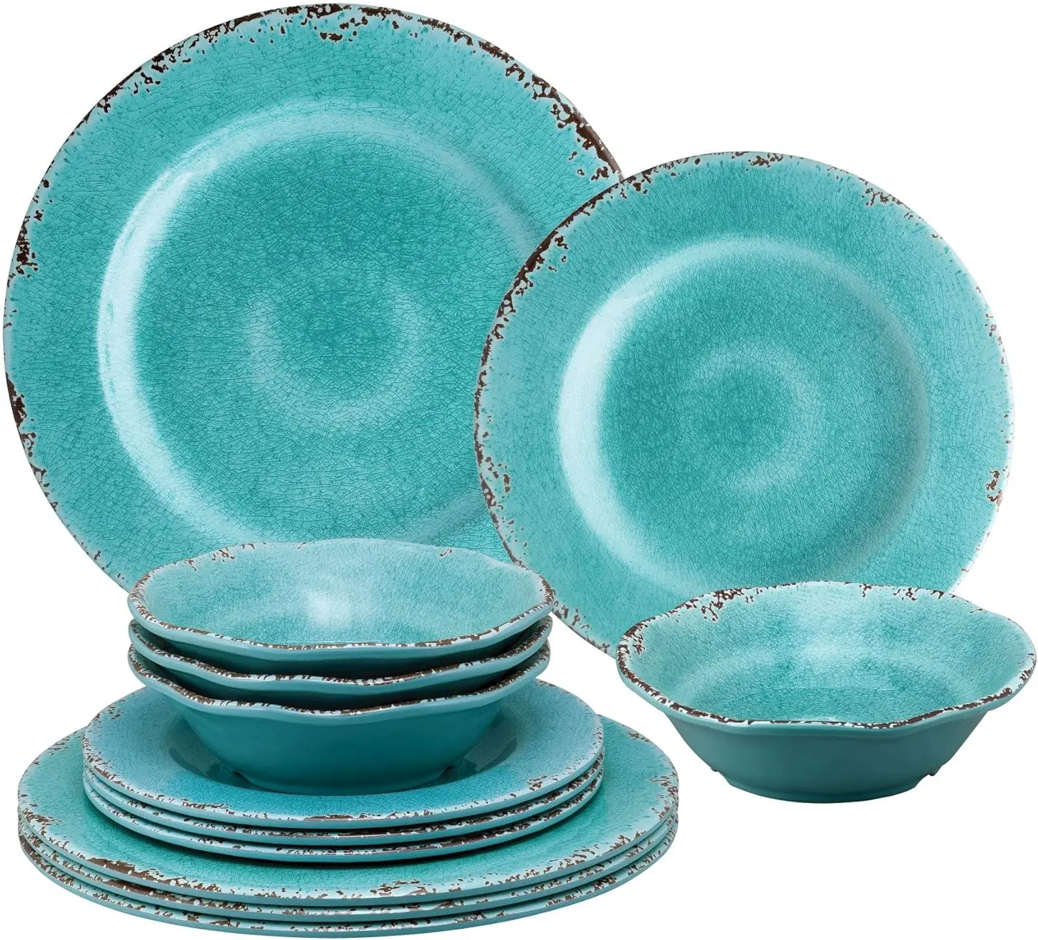12 Piece Crackle Melamine Dinnerware Sets, Outdoor Dishes Set, Plates and Bowls Sets, Service for 4, Turquoise