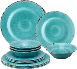 12 Piece Crackle Melamine Dinnerware Sets, Outdoor Dishes Set, Plates and Bowls Sets, Service for 4, Turquoise