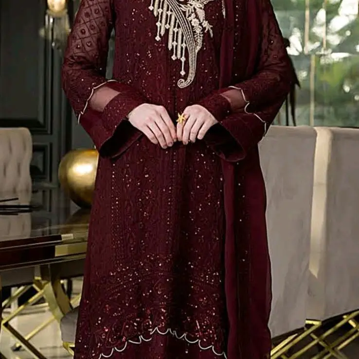 Luxury Chiffon Embroidered Stitched 3 pcs Traditional Pakistani Suit Dress