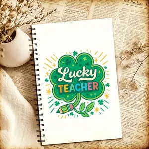 1 St. Patrick's Day Lucky Four-leaf Clover and Teacher Pattern Notebook, Suitable for Campus and Workplace, and Also A Good Gift, College Horizontal Line Inner Page, Cute Stationery, Teacher Gifts