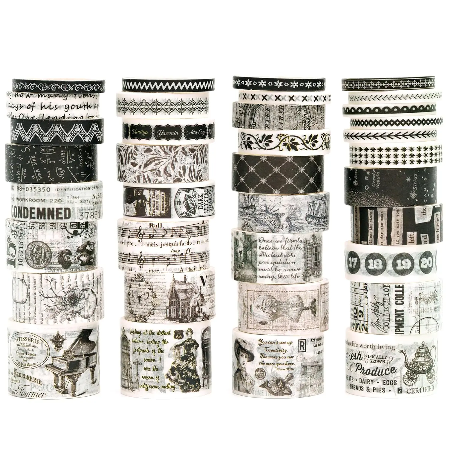 36 Rolls  Washi Tape Pack Retro Arts Adhesive Tapes Wide Chronicle Decorative Masking Tape Sets for Craft, , Scrapbook, DIY,  Wrapping (Black & White Light)