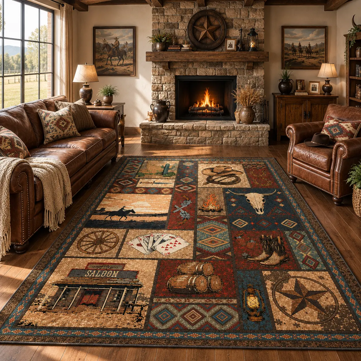 YIHOUSE Farmhouse Western Southwestern Decorative Rug, 0.24-inch Tight Low Crystal Pile Fabric, Vintage Patchwork Wild West Icons Print, Stain Resistant Non-Slip Durable Machine Washable, for Living Rooms, Bedrooms