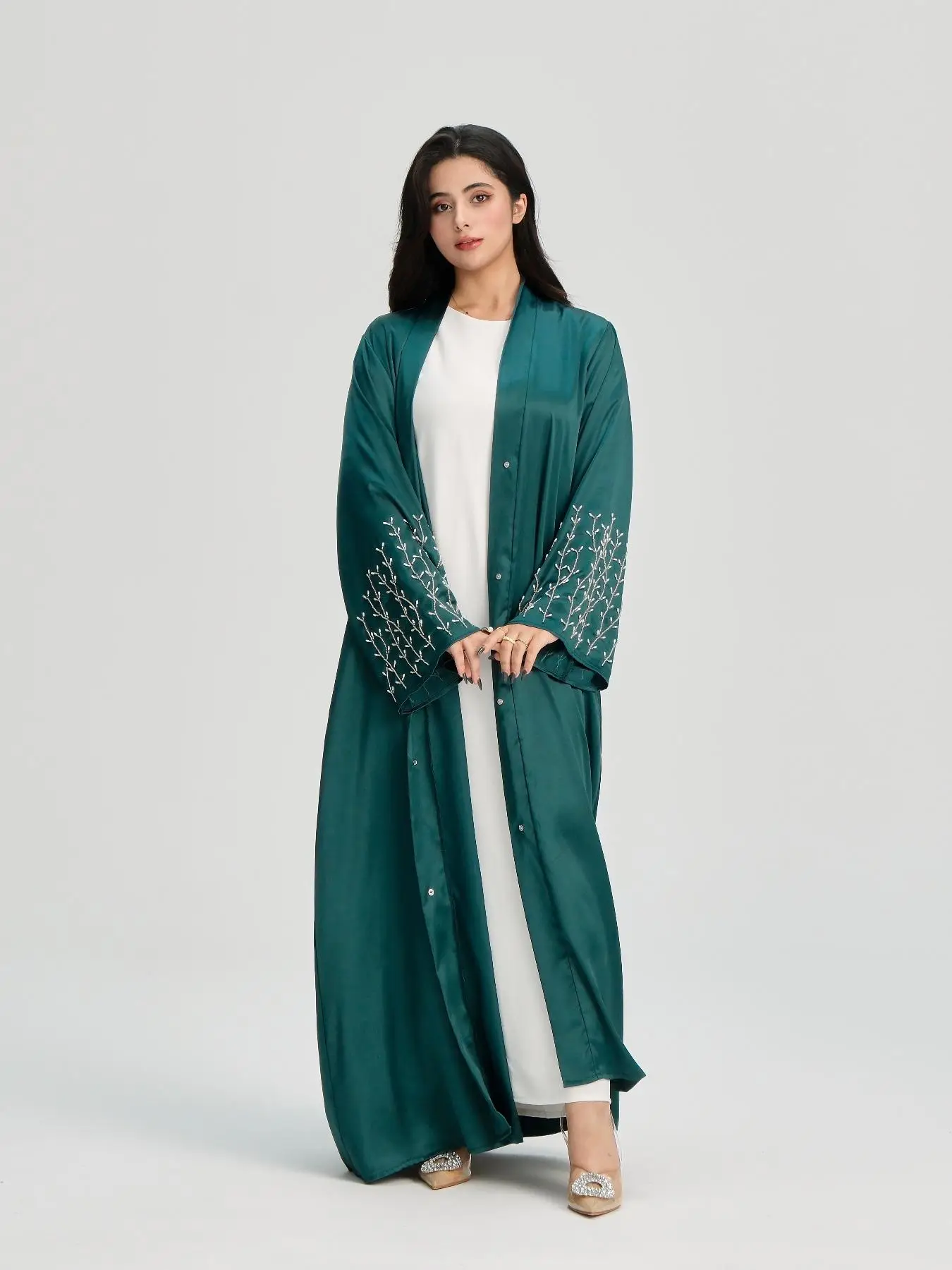 Women's Beaded Decor Long Sleeve Open Front Abaya, Modest Elegant Maxi Abaya for Daily Wear, Women's Islamic Clothing for All Seasons