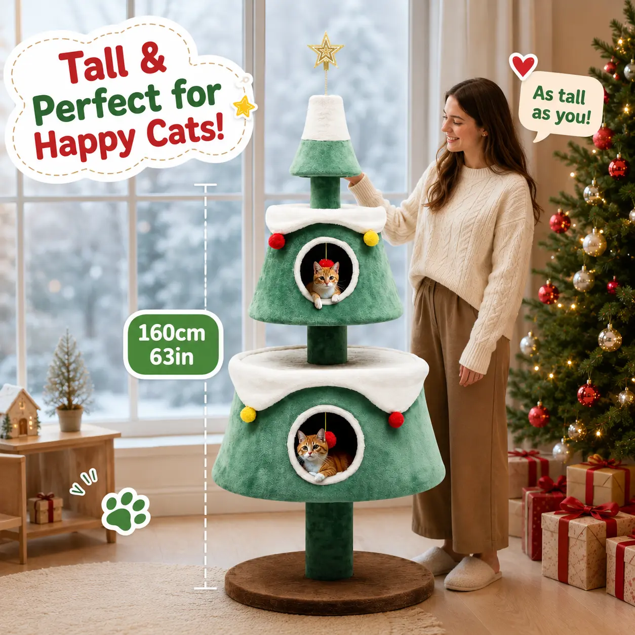 Yitahome Red-Green Christmas Cat Tree with Semi-Enclosed Bed, Anti-Tip Safety Design, Hanging Bells, Adorable Aesthetics, Teaser Toy & Plush Ball for Indoor Cats, Christmas Tree