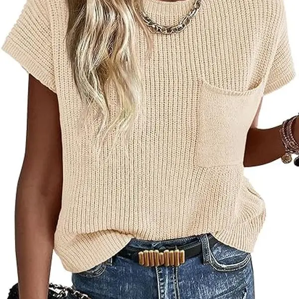 Imily Bela Summer Knit Vest Short Sleeve Ribbed Crewneck Pullover Trendy Lightweight Sweater Top