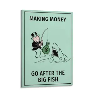 Motivational Monopoly Man Canvas Wall Art - "Go After The Big Fish" Money Shark Poster for Home Office Decor, Entrepreneur Hustle Print Hustle Culture Wall Art - Monopoly Money Shark Canvas Print, Perfect Gift for Traders & Bosses wall poster,poster