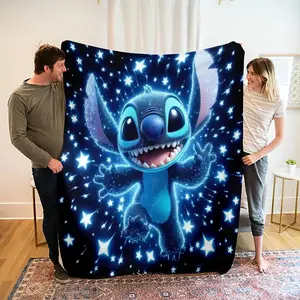 [SummerVibes] DISNEY CLASSIC 2026 Stitch Black Flannel Blanket with Blue Stars - Soft Warm Cozy Throw for Bed, Sofa, Office & Camping