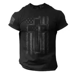 Cross USA Flag T-Shirt Christian Men Faith Gym Christ Casual 100% Cotton Top