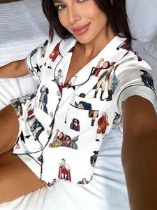 Hamilton Character Print Pajama Set, Women's Short Sleeve Shorts Button Front Cardigan Homewear Two-Piece Set, Sleepwear Loungewear Set, Cute Style All Seasons