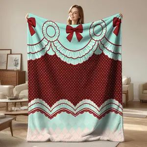Retro Coquette Bow Print Throw Blanket, Multi-Color Polka Dot & Lace Flannel Blanket, Warm Cozy Soft Blanket, Vintage Frill Design, Lightweight Plush, All-Season Gift Blanket for Girls & Teens Bedroom, Sofa, Couch, Home Decor & Travel