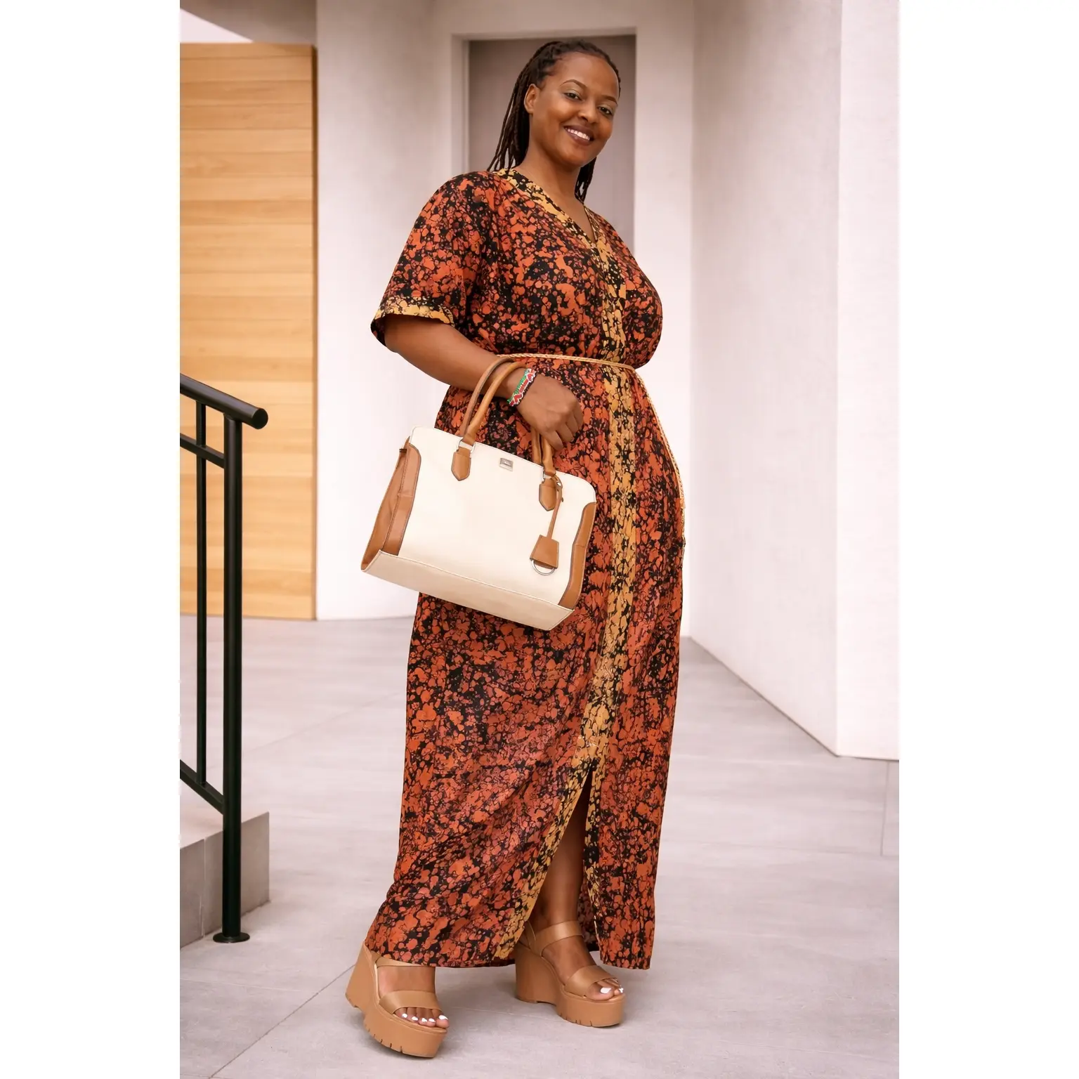African Batik Maxi Kaftan Dress with Tassel Belt