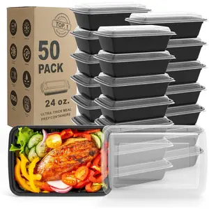 50 Pack Extra-thick Meal Prep Food Storage Containers with Lids, Disposable & Reusable Plastic Bento Lunch Box, BPA Free, Stackable, Microwave/Dishwasher/Freezer Safe (24 oz)