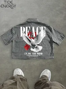 Men's Checkered Classic Short Sleeve Shirt, Peace Dove and Rose Print, Street Style Casual Top, Trendy Fashion Apparel