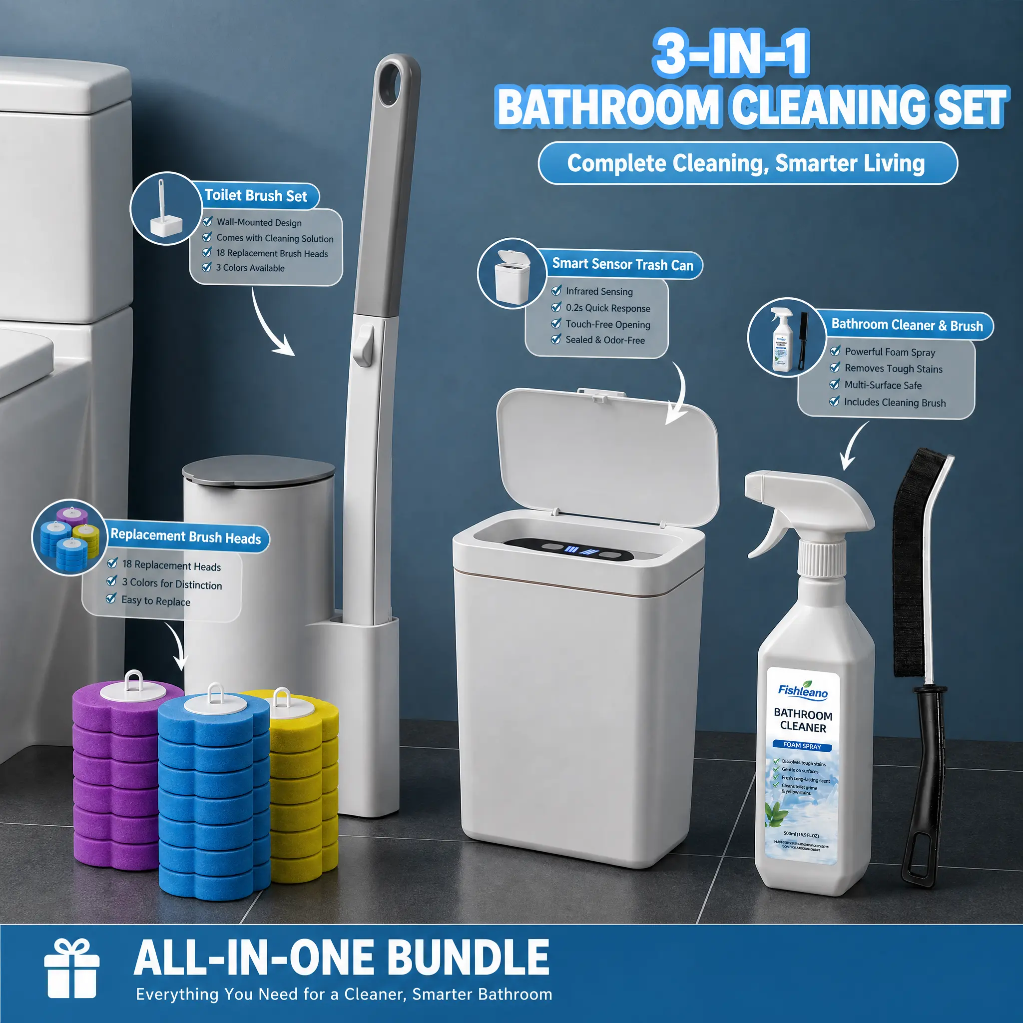 3-in-1 Bathroom Cleaning Bundle, Disposable Wall Mount Toilet Brush with 18 Replacement Heads, Foaming Bathroom Limescale Cleaner Spray, 15L Touchless Infrared Sensor Odor-Sealed Trash Can, Complete Bathroom Sanitary Kit