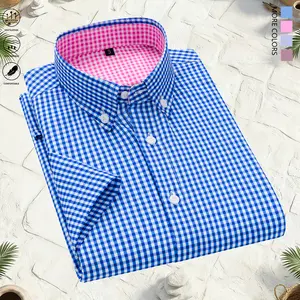 Men’s short-sleeve plaid shirt — suitable for business, weddings, and casual activities; features a turn-down collar and single-button front closure. Ideal for office and party wear; men’s shirt, men’s summer clothing.