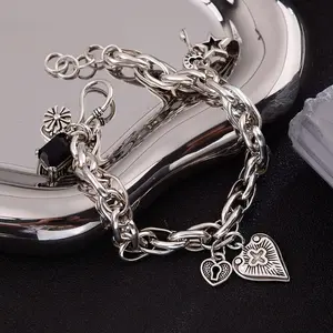 2026 New Unisex 925 Sterling Silver String Bracelet | Vintage Heart & Cross Pendant, Trendy Jewelry for Party & Daily Wear, Perfect Gift for Him & Her