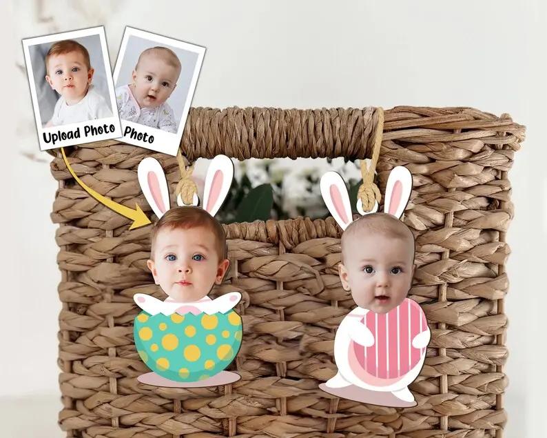 Custom Bunny Ornament Using Kid's Photo, Ornaments, New Baby Gift, Rabbit Ornament, Kids Easter Bunny Basket, Easter Decor