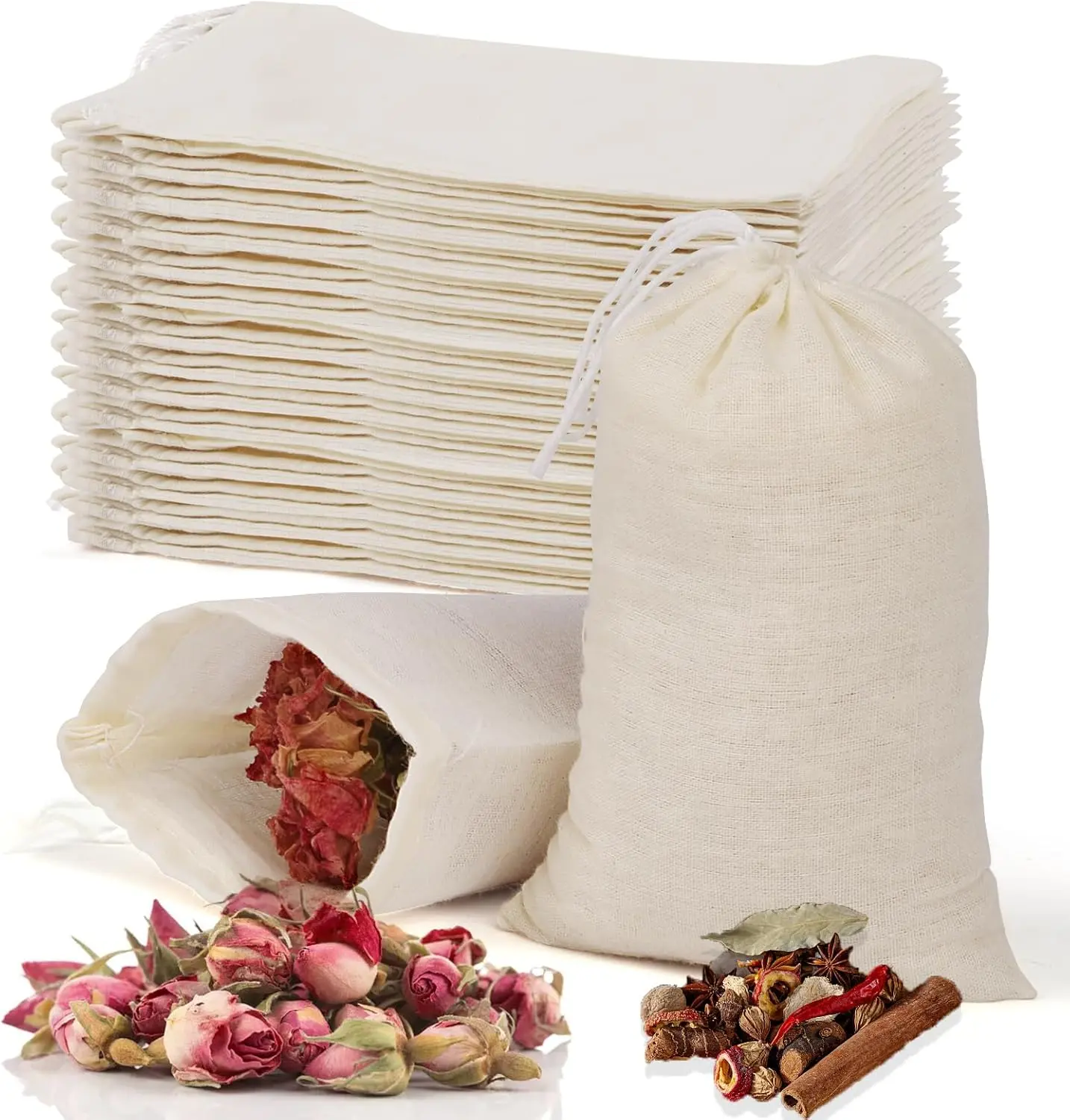 60 Pcs Spice Bags for Cooking, Muslin Reusable Tea Bag Drawstring Sachet | 3x4 Inch Unbleached Natural Cotton Bag for Soup, Loose Leaf Tea, Herb, Empty Cheese Cloth Bag for Straining