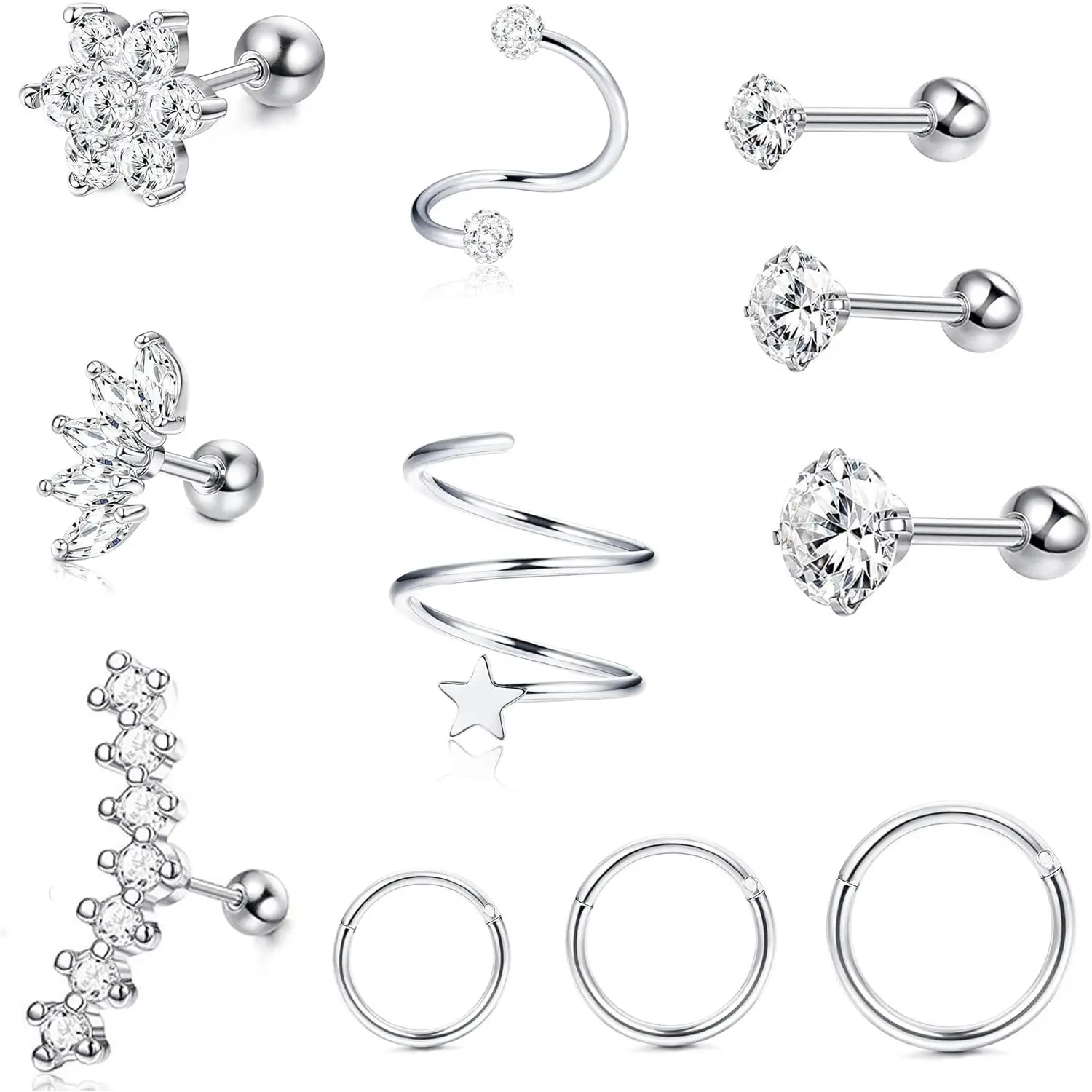 FUNRUN 11Pcs 16G/18G Surgical Steel Cartilage Earring Set | Helix, Tragus, Conch Piercing Jewelry | CZ Studs & Hinged Hoops | Hypoallergenic Silver Piercing Kit