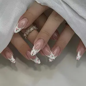 24pcs Almond Nail Tips Lace Edge Cute Small Flowers, Daily Wear Manicure Set with File and Jelly Glue, Enhance Elegance Nail Art Design, Flower Nails