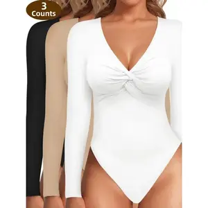 LuxeCurve3CountsWomen'sSexyTwistFrontVNeckLongsleeveSlimFitTrendyTopsBasicComfort,LadiesWearingWarmUndergarmentsOutside,Slim-FittingCasualBaseLayerforSpring&Fall,FashionWomen'sTopSuitableforDailyWear Bodysuit Womenswear