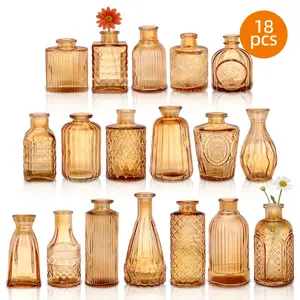TOMNK 18pcs Set of Golden Amber Glass Bud Vases, Ideal for Vintage Wedding Decor, Home Table Floral Arrangements, Small Carved Glass Vase Ornaments, And Table Scatter for Bridal Showers And Party Gifts