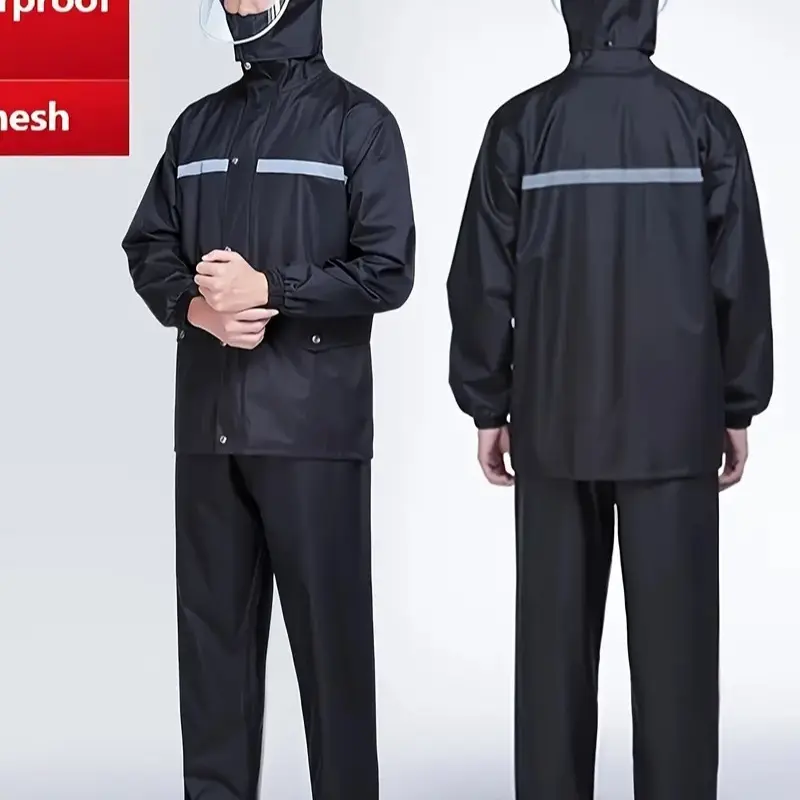 A Set Of Men's Hooded Raincoat With Reflective Stripe + Waterproof Pants, Comfy Durable Casual Outfits For Adventure, Hiking, Trekking