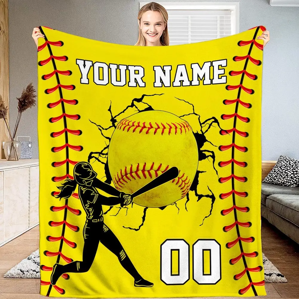 Personalized Softball Flannel Throw - Custom Name & Number, 4 Sizes, Machine Washable Durable Bedding, Custom Graphic/Sports/Team Logo Options, Gift for Teams & Coaches, Personalized Blankets, Custom Graphic Blankets,summerwins