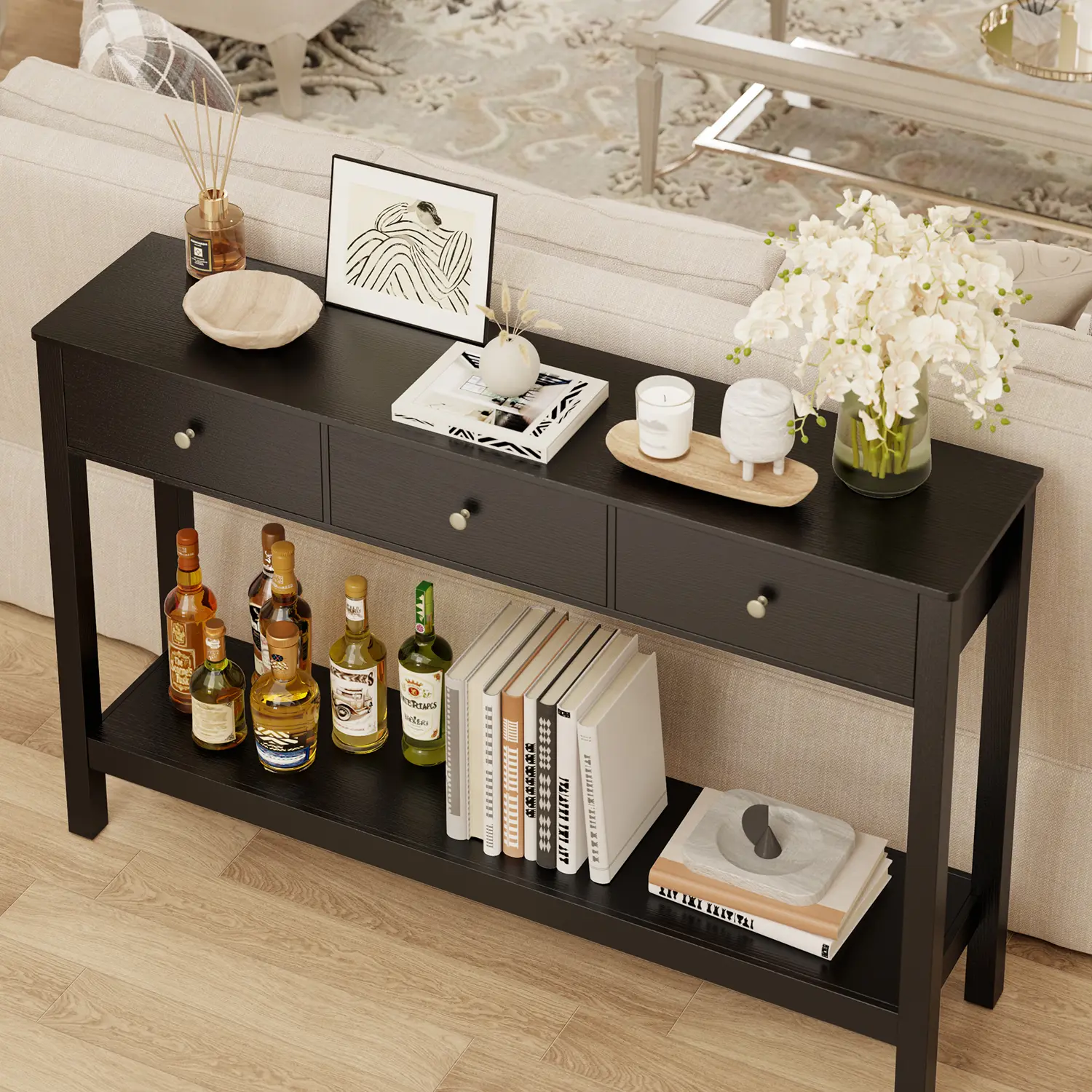 Gizoon 3 Drawer Wooden Sofa Table with Open Shelf Modern Accent Console Table with Metal Round Handles Large Storage Space for Living Room Front Hall Entrance Hall Study Room