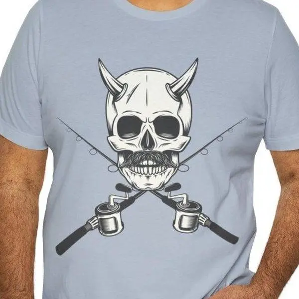 Men's Fishing T-shirt for Fisherman with Horned Skull and Mustache with Crossed Fishing Rod, Print Shirt in Vintage Style, Mens Shirts, Fishing Shirt, Fishing Gift, Salmon Shirts, Fishing T Shirt, Fisherman Shirt, Graphic Tees for Men, Camping Shirts