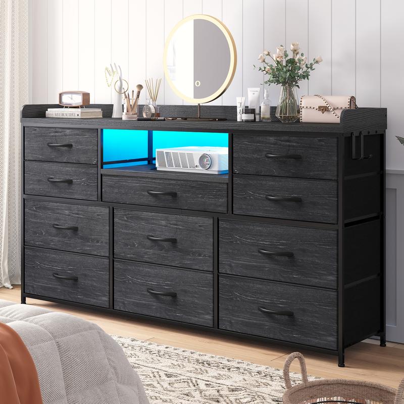 【Holiday Haul】Raybee 11 Drawer Smart LED Dresser, with Charging Station, Power Outlets, LED Lights & Shelves, Modern Storage Cabinet for Bedroom/Hallway, TV Stand for 32-55 inch TVs, Easy 10-min Assembly, Includes 4 Hooks