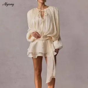 Women's Ruffle Mini Dress Long Lantern Sleeve Tie-up Front Solid Color Pleated Dress Short Flowy Dress