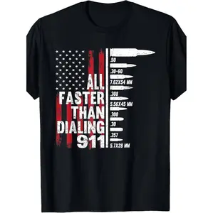 100% Cotton American Flag Gun Enthusiast T-Shirt Faster Than Calling 911 For Men Golf Gift T-Shirt For Men and Women Menswear Tops