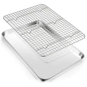 Baking sheet pan with cooling rack set stainless steel toaster oven tray pans with grid racks rectangular bakeware for cookiebacon heavy duty rustfree dishwasher safe 16 inch