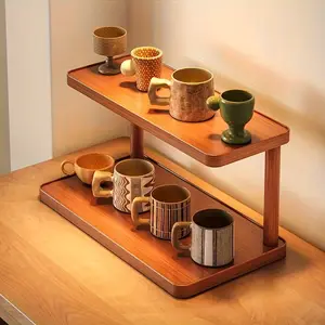 Wooden Multi Tier Coffee Mug Rack Organizer for Kitchen Living Room Desk Small Plant Display Freestanding Storage Shelf Display Riser