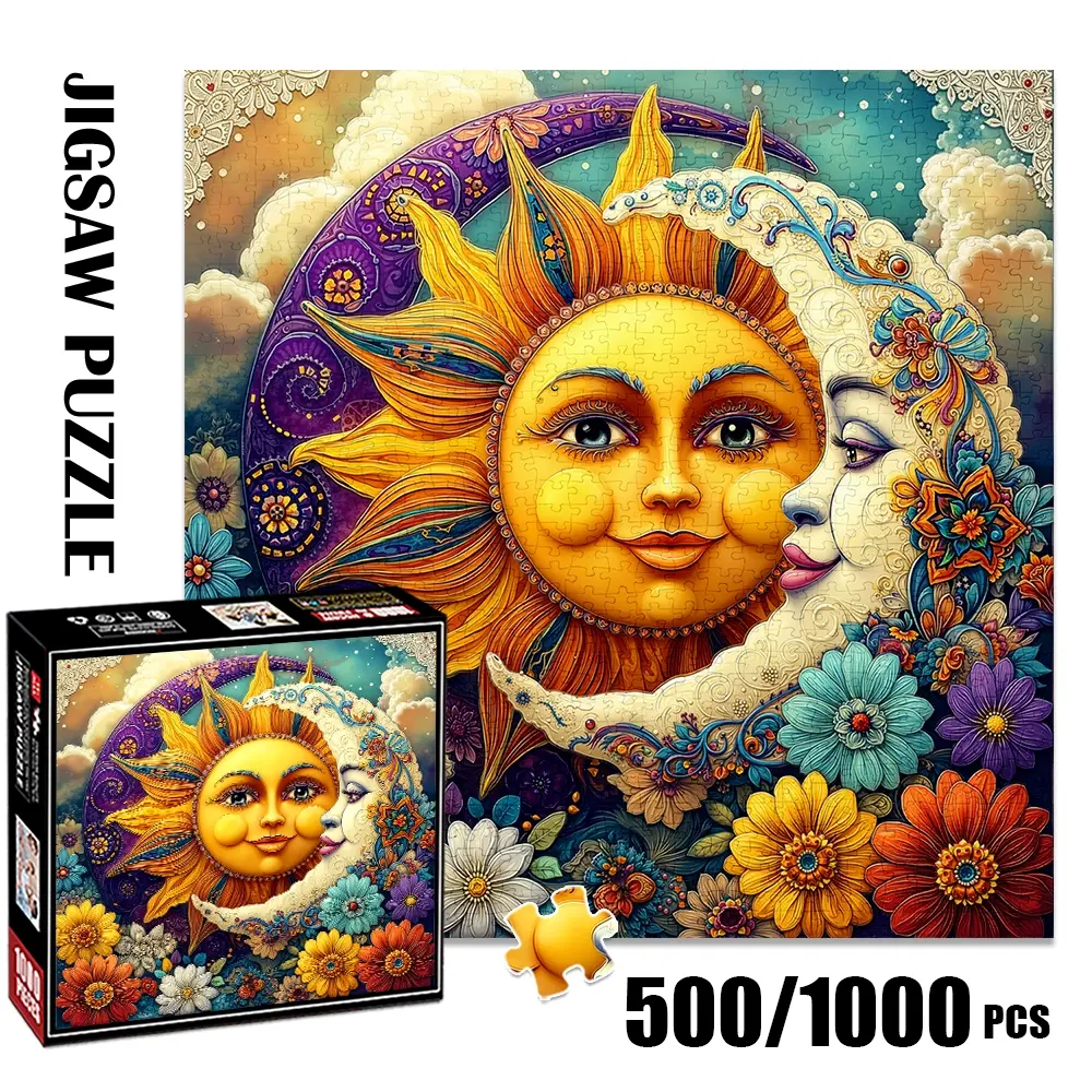 1pc 1000 piece adult puzzle 58x58cm Ornate Sun, Moon and Galaxy with Floral Decorations 500 pieces paper jigsaw puzzle Crafts suitable for DIY creative games for adults and families, birthday and holiday stress re
