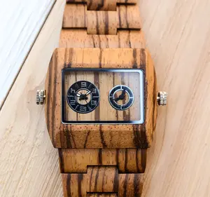 UXD Engraved Dual Panel Square Zebra Wood Watch For Men