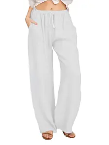 Women's Cotton Linen Drawstring Adjustable Wide Leg Pants, Loose Fit Pocket Commuter Long Trousers, Casual Everyday Daily Wear for Travel