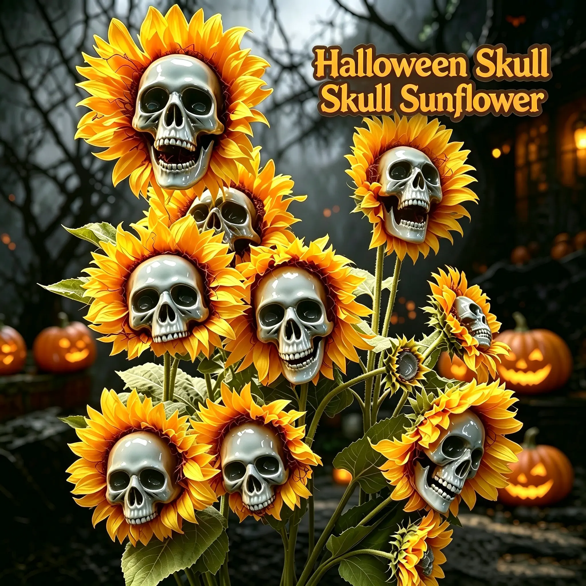Gothic Forbidden Skull Sunflower Bouquet Halloween Artificial Fake Flowers Creepy Skeleton Sunflower Stake Ornament Indoor Outdoor Yard Lawn Gravel Haunted House Party Home Decoration