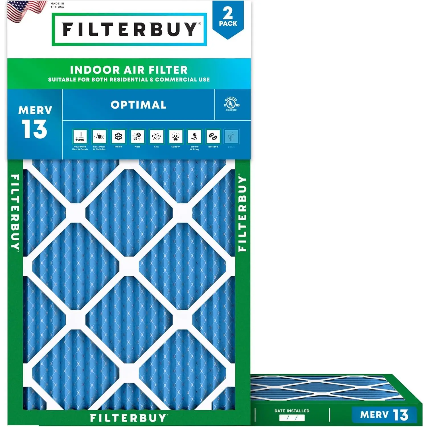 Filterbuy 20x36x1 HVAC AC Furnace Air Filter (2-Pack) - Pleated MERV 13 Optimal Defense, Eco-Friendly Materials, Electrostatically Charged Design, Endures 200°F, Withstands Moisture (Actual Size: 19.50x35.50x0.75 In), Endures Temperatures Up To 200°F, New