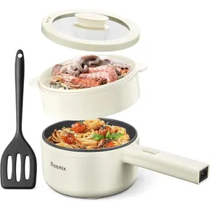 Electric Hot Pot With Steamer 1.6L Non-Stick Ramen Cooker for Steak Egg Fried Rice Oatmeal Soup Portable Personal Perfect for Dorm Room and Apartment (White)