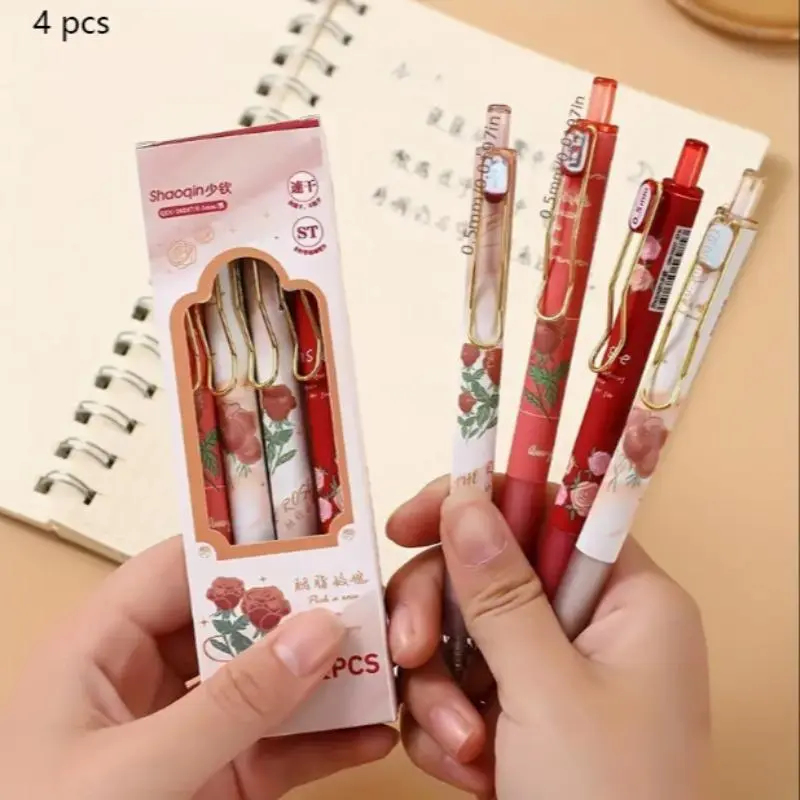 Rose Flower Design Retractable Gel Pen, 4 Counts 0.5mm Fine Tip Black Ink Pen, Cute, Beautiful and Aesthetic Pens for Office, School, Birthday Party Gifts, Retractable Pens, Holiday Gift Pen, Writing Stationery