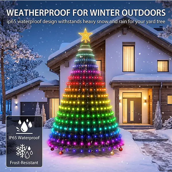 Smart LED Christmas Light Strings—Themed Colors, Remote/App Control, IP65 Waterproof Rating, Multiple Modes, Color-Changing Function, Ideal for Weddings, Gardens, Homes, and Holiday Christmas Decorations