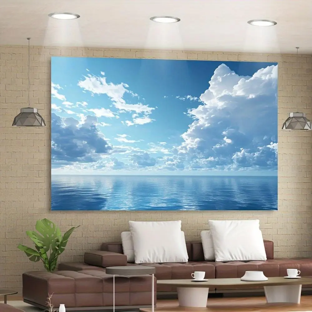 2D Flat Banner Polyester Photography Backdrop, HD Digitally Printed Blue Sky White Clouds Ocean Scenery, Soft Lightweight Foldable Background Cloth for Studio Shooting, Video Content, Product Photography, Portraits, Party Decor, a
