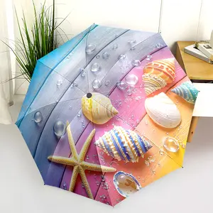 1 PC Automatic Folding Umbrella - Beach Shells Starfish Wooden Background Pattern, Portable & Foldable Design with 8 Ribs, Merry Christmas Pattern,Casual Outdoor Accessory Halloween and Christmas Birthday Gifts. F003