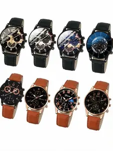 8-piece men's leather belt calendar quartz watch sports night light pointer quartz watch men's watch