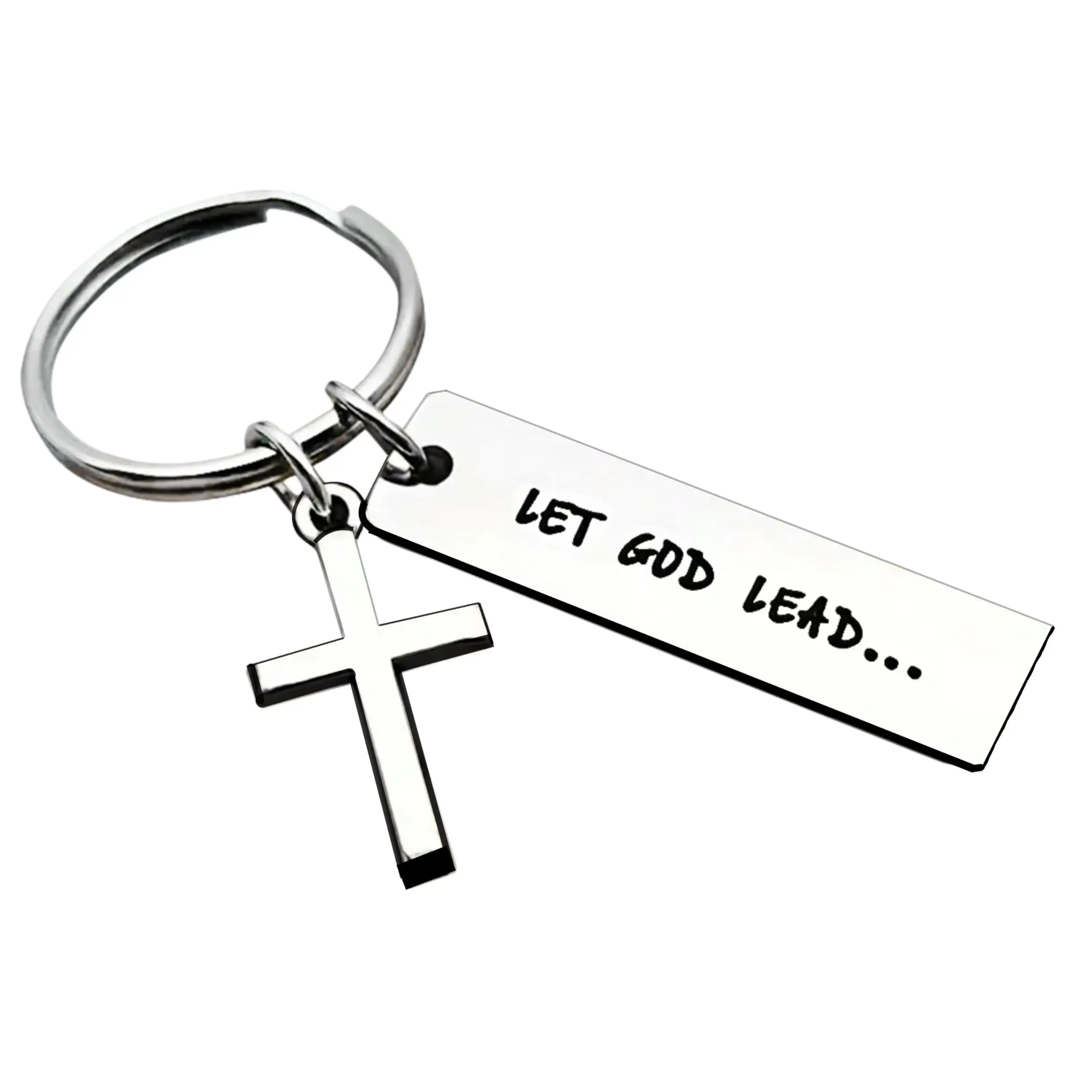 Elegant Stainless Steel Cross Keychain, Unisex Faith Jewelry with Split Ring, Engraved with "Let God Lead" Bible Verse, Inspirational Gift for Friends
