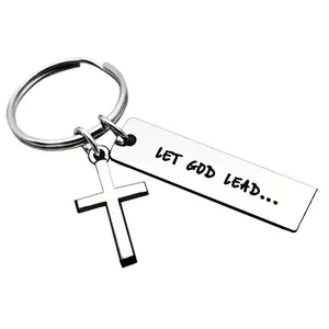 Christian Cross Keychain, Let God Lead Engraved Stainless Steel Key Ring, Inspirational Bible Verse Faith Jewelry Gift For Men Women