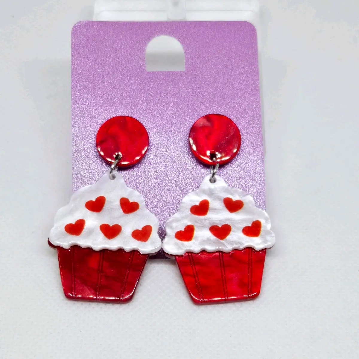Red and White Cupcake with Hearts Acrylic Earrings -Stainless Steel Post and Silicone Back