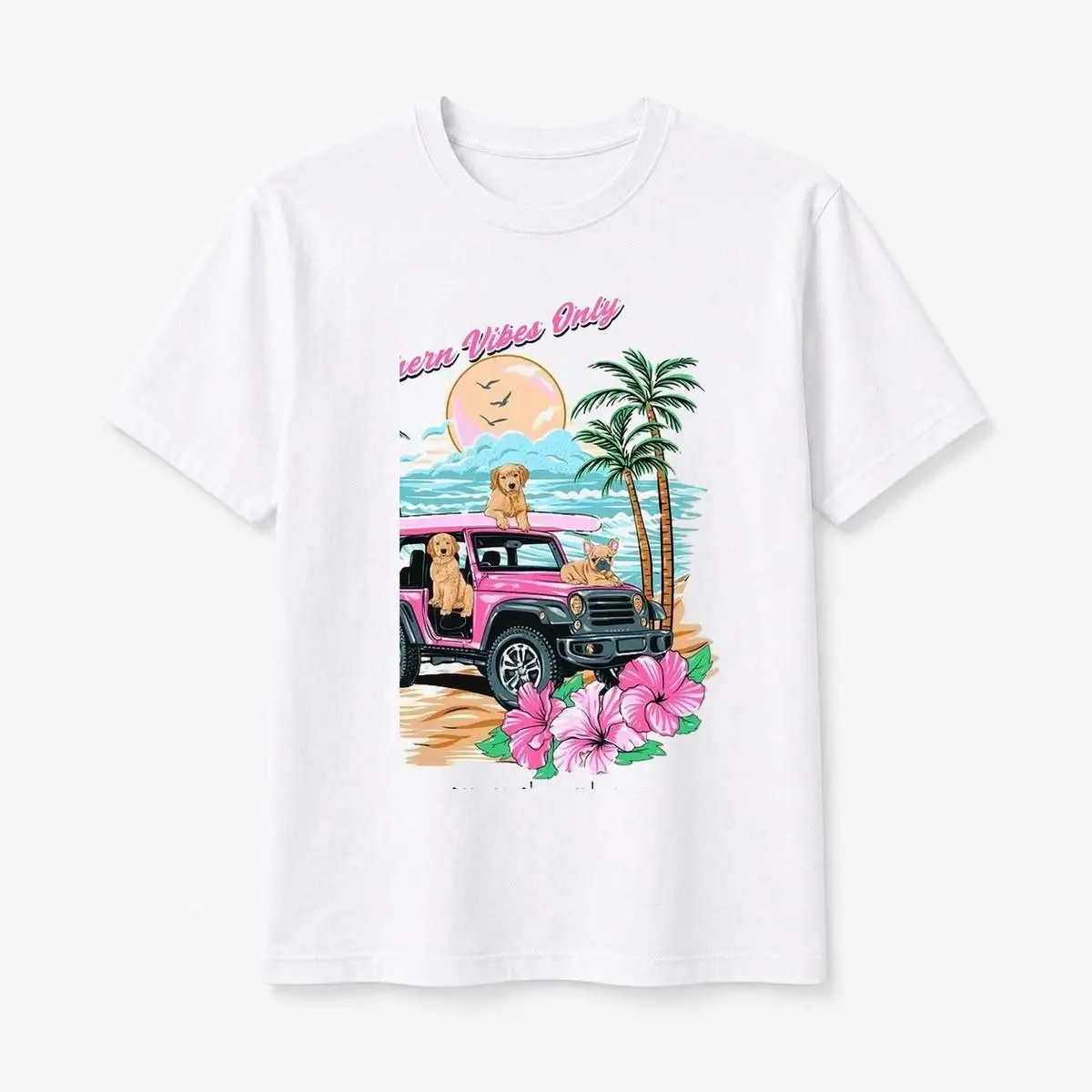 100% Cotton Women's Tropical Jeep T-Shirt with Cute Dogs Sunset Design for Summer Beach Lovers